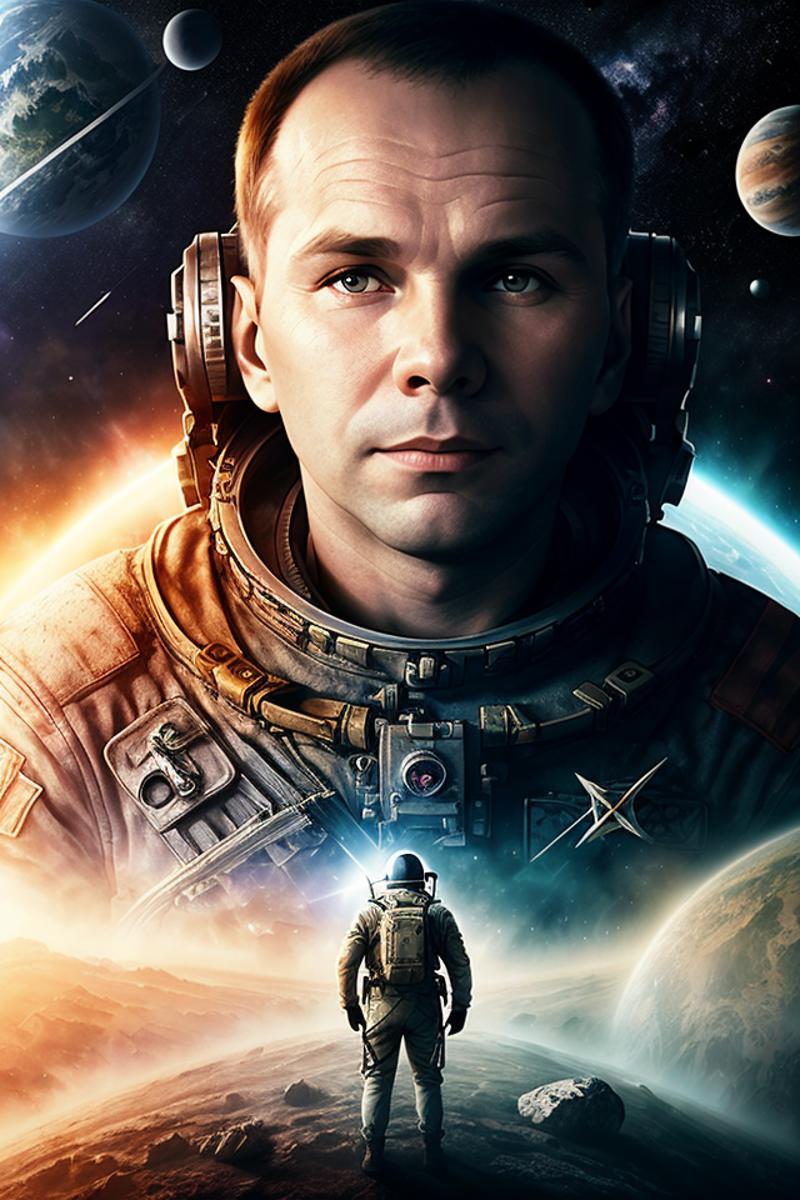 00187-495288707-(Yuri Gagarin_1.3) cosmonaut USSR on a poster against the background of outer space and planets , full face_(foggy background, e.png